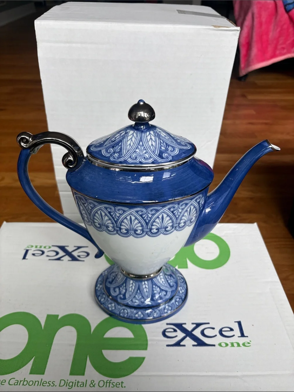 Bombay Blue and White Decorative Teapot with Silver Accents